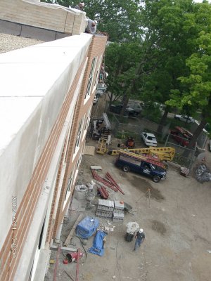 West face of building, viewed from the roof at the North